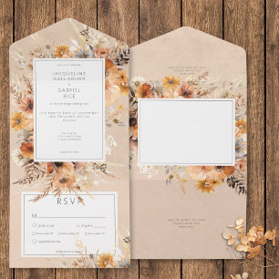 Rustic Boho Fall Peach & Rust Floral Dinner All In One Invitation