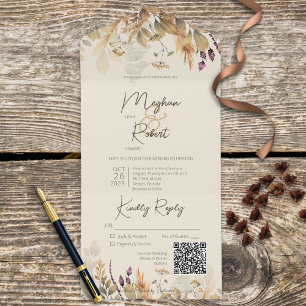 Rustic Boho Fall Wildflowers Cream QR Code All In One Invitation