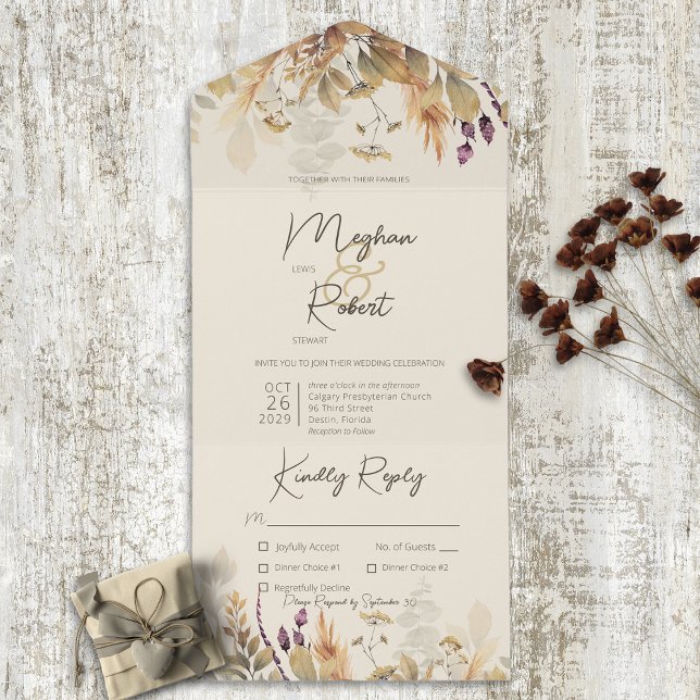 Rustic Boho Fall Wildflowers Tan Dinner All In One Invitation (Creator Uploaded)