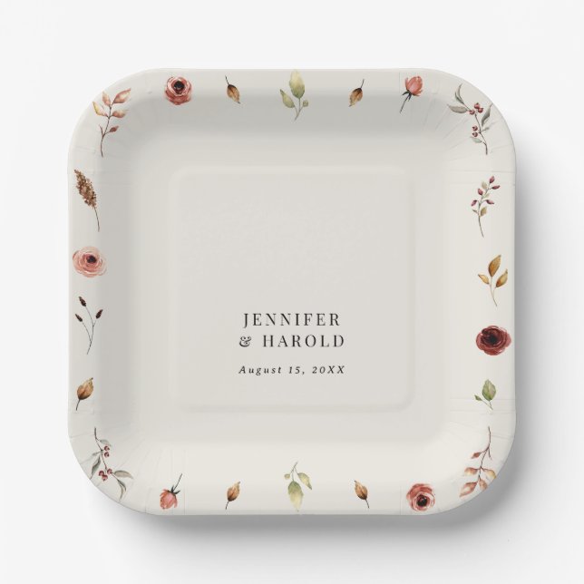 Rustic Boho Fall Wildflowers Wedding or Engagement Paper Plate (Front)