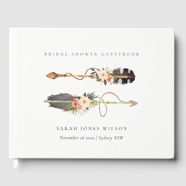 Rustic Boho Feather Floral Arrow Bridal Shower  Guest Book (Front)