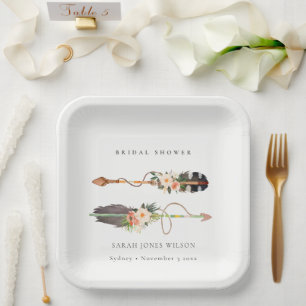 Rustic Boho Feather Floral Arrow Bridal Shower  Paper Plate
