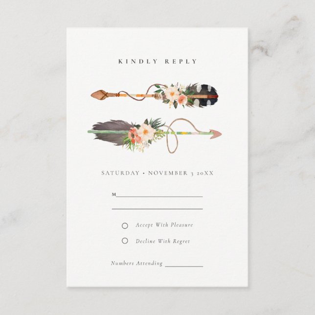 Rustic Boho Feather Floral Arrow Wedding RSVP Enclosure Card (Front)
