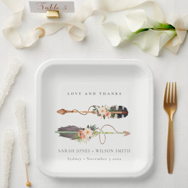 Rustic Boho Feather Floral Arrow Wedding Thanks Paper Plate (Wedding)