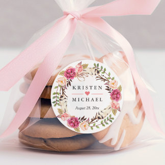 Rustic Boho Feather Floral Wreath Wedding Favor Classic Round Sticker