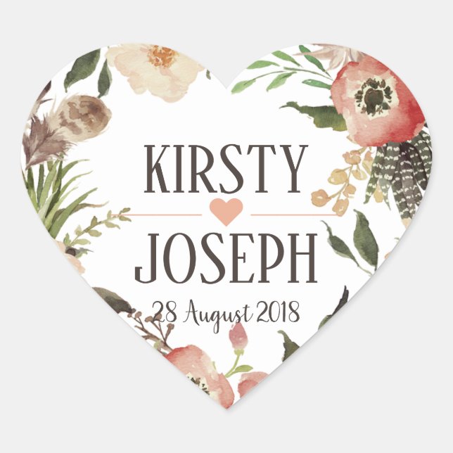 Rustic Boho Feather Floral Wreath Wedding Sticker (Front)