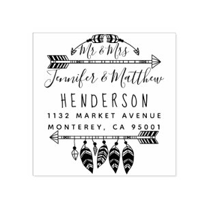 Rustic Boho Feathers And Arrows Mr & Mrs Address Rubber Stamp