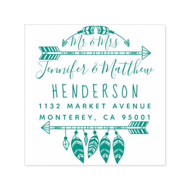 Rustic Boho Feathers And Arrows Mr & Mrs Address Self-inking Stamp (Design)