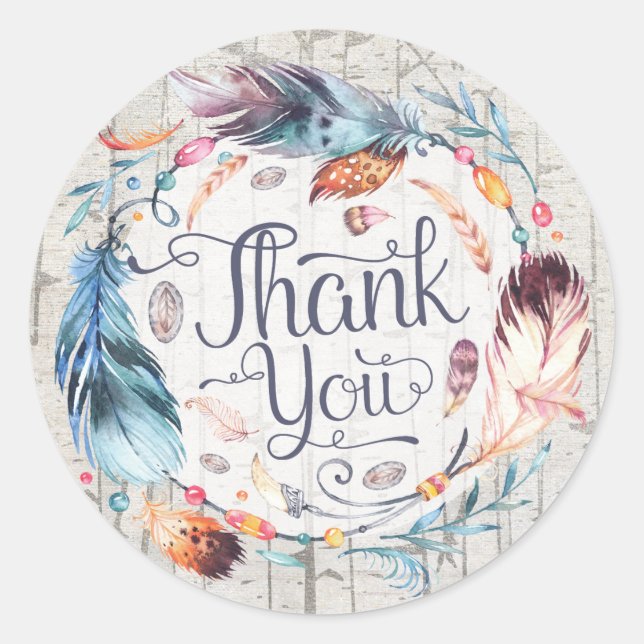 Rustic Boho Feathers Bohemian Shower Thank You Classic Round Sticker (Front)