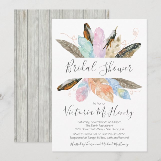 Rustic Boho Feathers Watercolor Bridal Shower Invitation (Front/Back)