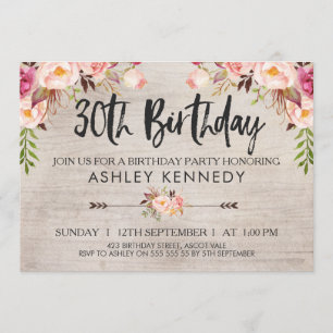 Rustic Boho Floral 30th Birthday Invitation