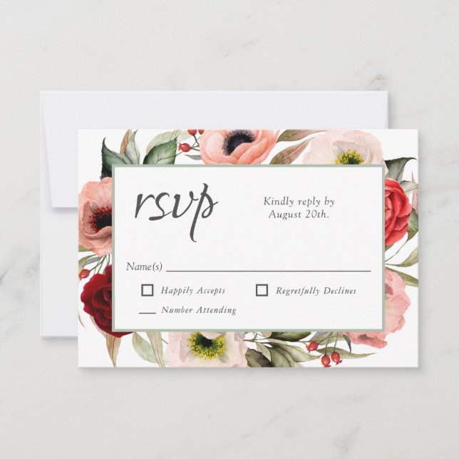 Rustic Boho Floral and Burgundy Wedding RSVP Card (Front)