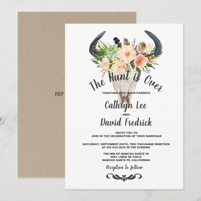 Rustic Boho Floral Antelope Hunt is Over Wedding Invitation (Front/Back)