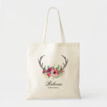 Rustic Boho Floral Antlers Wedding Bridesmaid Tote Bag<br><div class="desc">A lovely personalised tote bag for the bridesmaids in your wedding. It features rustic deer antlers embellished with a colourful floral bouquet of pink and magenta flowers. Add the bridesmaid's name in place of the sample name shown in the design template. You can also edit the "bridesmaid" text with any...</div>