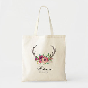 Rustic Boho Floral Antlers Wedding Bridesmaid Tote Bag