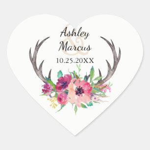 Rustic Boho Floral Antlers Wedding Heart Sticker
