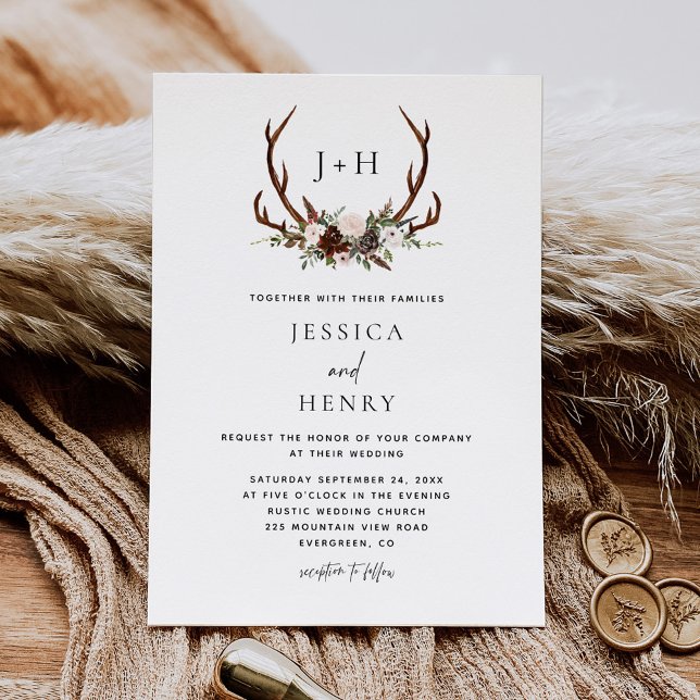 Rustic Boho Floral Antlers Wedding Invitation (Creator Uploaded)