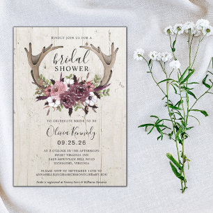 Rustic Boho Floral Antlers Wood Bridal Shower  Invitation