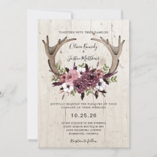 Rustic Boho Floral Antlers Wood Wedding Invitation