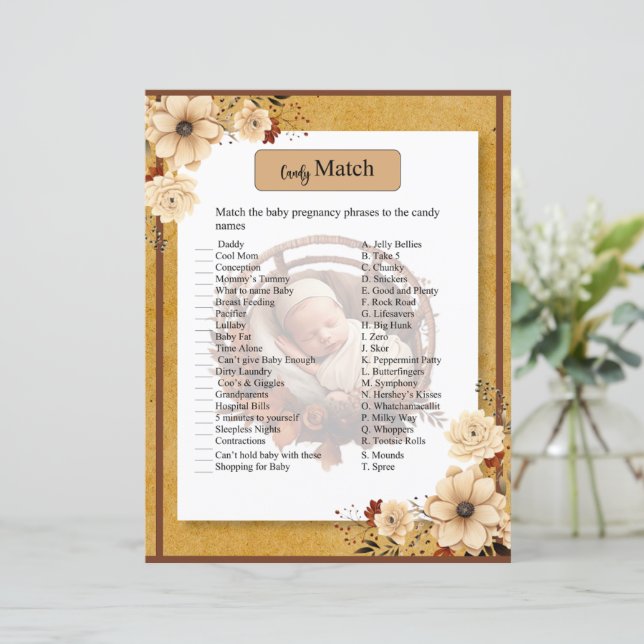 Rustic Boho Floral Baby Shower Candy Match Game (Standing Front)