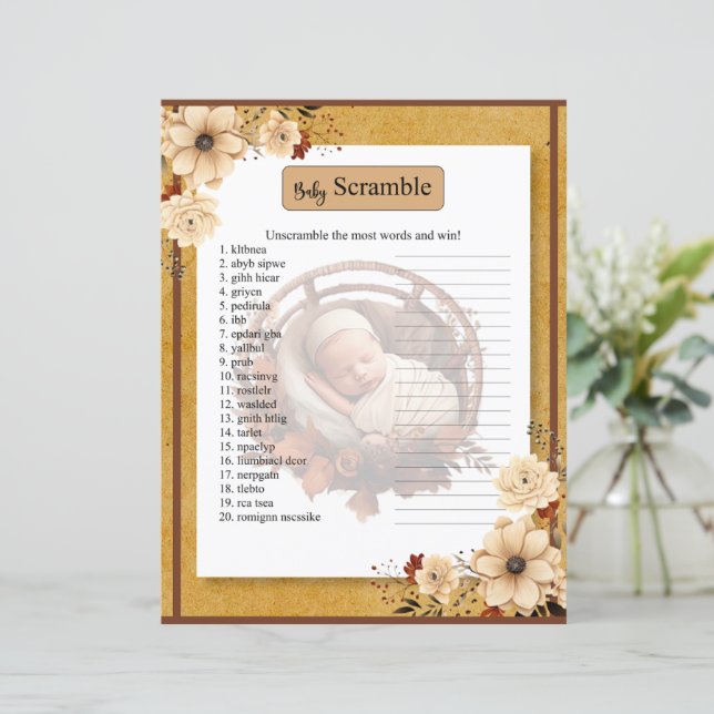 Rustic Boho Floral Baby Shower  Word Scramble Game (Standing Front)