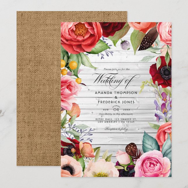 Rustic Boho Floral Bohemian Wedding Invitation (Front/Back)