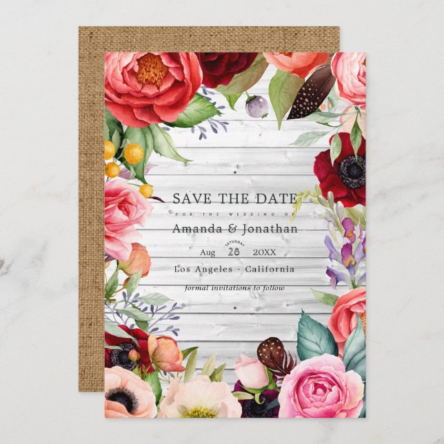 Rustic Boho Floral Bohemian Wedding Photo Save The Date (Front/Back)