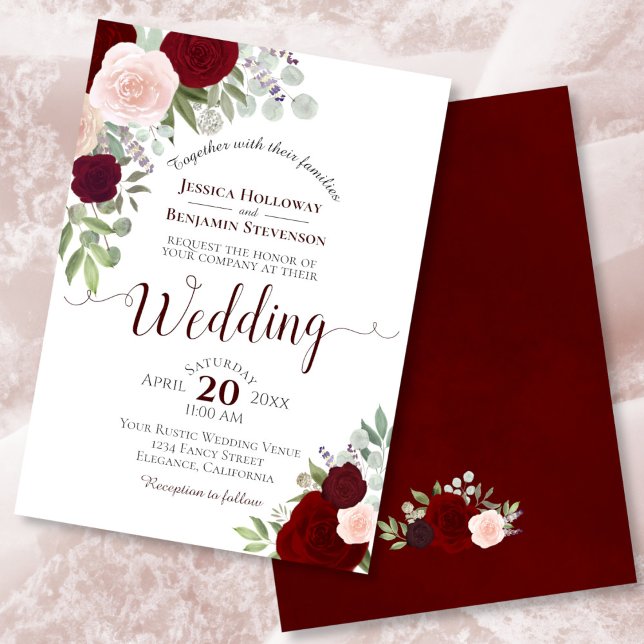 Rustic Boho Floral Burgundy Red & Pink Wedding Invitation (Front/Back)