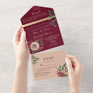 Rustic Boho Floral Burgundy Wedding All In One Invitation