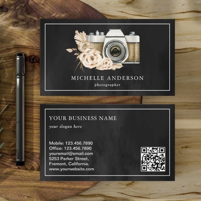Rustic Boho Floral Camera QR Code Photographer Business Card (Creator Uploaded)