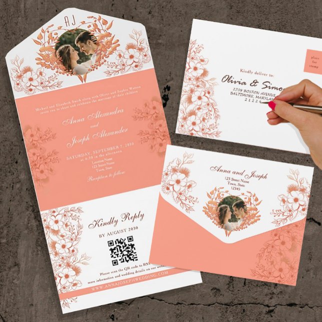 Rustic Boho Floral Coral Wedding All In One Invitation (Creator Uploaded)