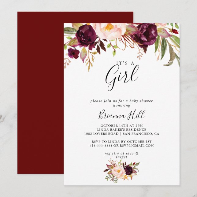 Rustic Boho Floral It's A Girl Baby Shower Invitation (Front/Back)