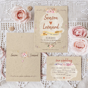 Rustic Boho Floral Kraft Wedding Invitation