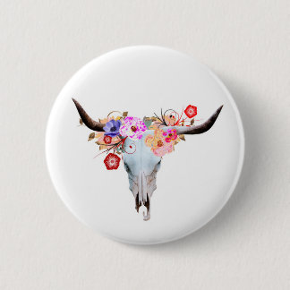 Rustic Boho Floral Longhorn Skull 6 Cm Round Badge