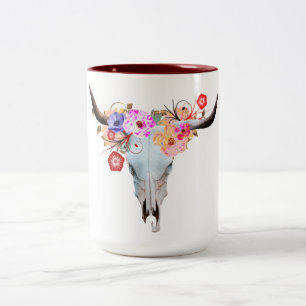 Rustic Boho Floral Longhorn Skull Two-Tone Coffee Mug