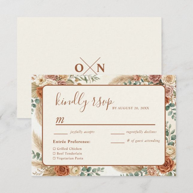 Rustic Boho Floral Pampas Wedding RSVP Card (Front/Back)