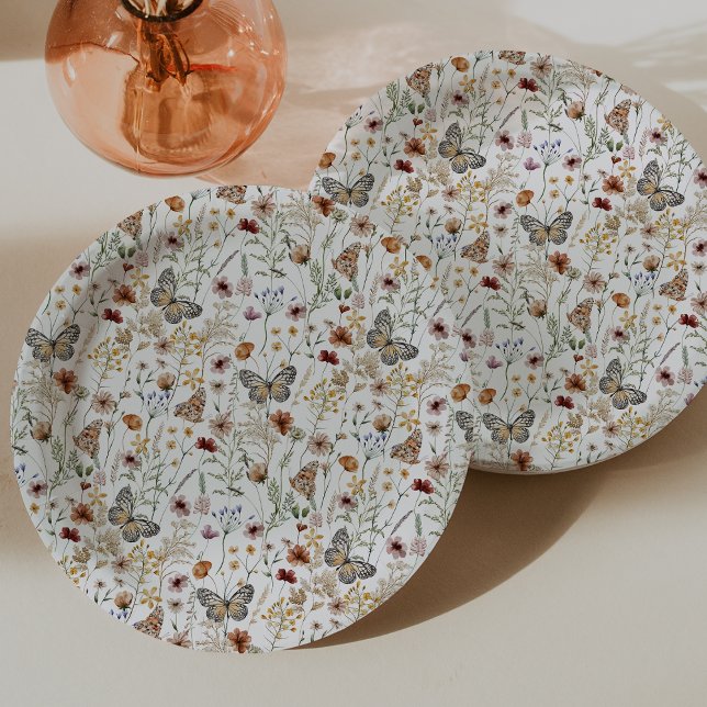Rustic Boho Floral Paper Plate (Rustic White Boho Floral Paper Plate with Butterflies by Painted Paperie
)