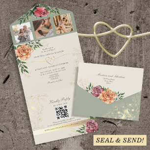 Rustic Boho Floral Peach and Sage Green Wedding  All In One Invitation