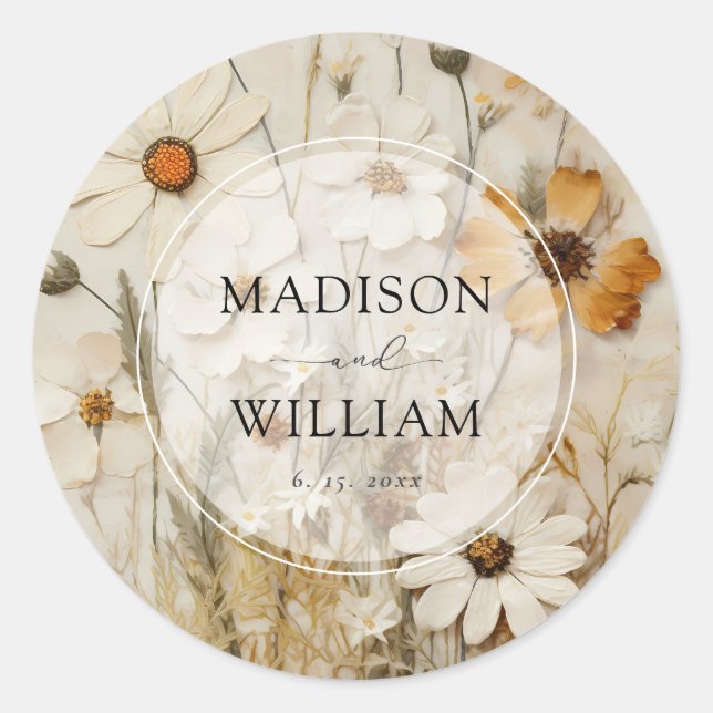 Rustic Boho floral Personalised Wedding Classic Round Sticker (Front)