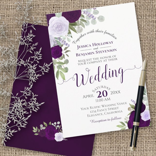 Rustic Boho Floral Plum & Dusty Purple Wedding Invitation (Creator Uploaded)