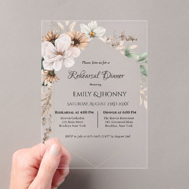 Rustic Boho Floral Rehearsal Dinner Acrylic Invitations (Insitu (Handheld))