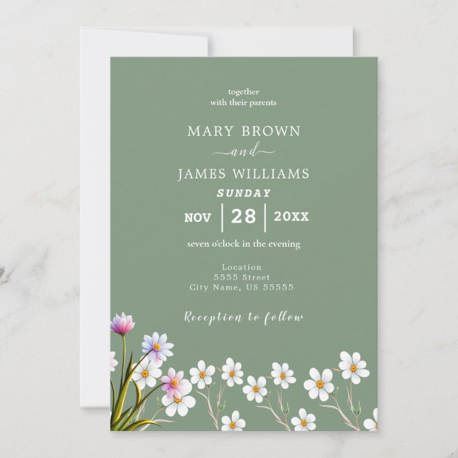Rustic Boho Floral Sage Green & White Wedding  Invitation (Front)