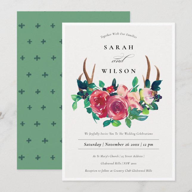 Rustic Boho Floral Stag Antlers Wedding Invite (Front/Back)
