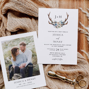 Rustic Boho Floral Stag Antlers Wedding Photo Invitation