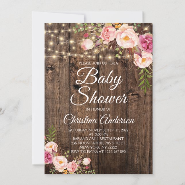 Rustic Boho Floral String Lights Baby Shower Invitation (Front)