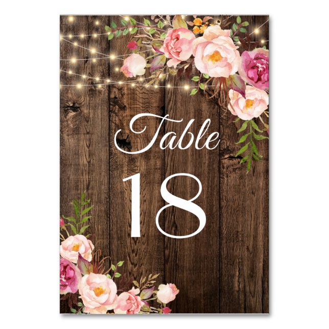 Rustic Boho Floral String Lights Wedding  Table Nu Number (Front)