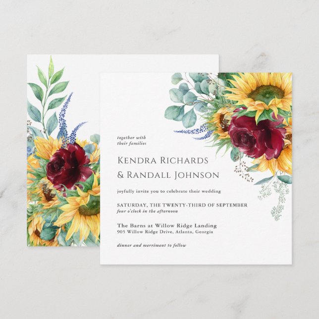 Rustic Boho Floral Sunflowers Floral Wedding Invitation (Front/Back)