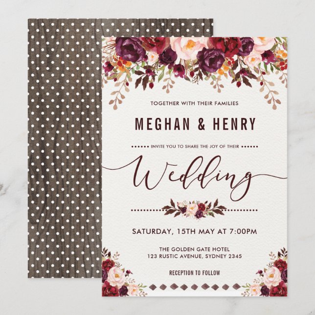 Rustic Boho Floral Wedding Invitation Shabby Chic (Front/Back)