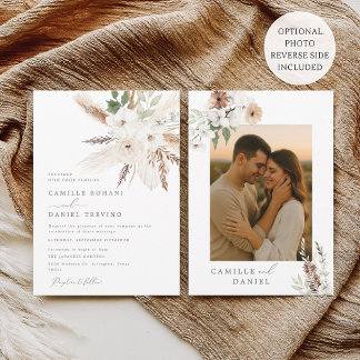 Rustic Boho Floral Wedding Invitation with Photo