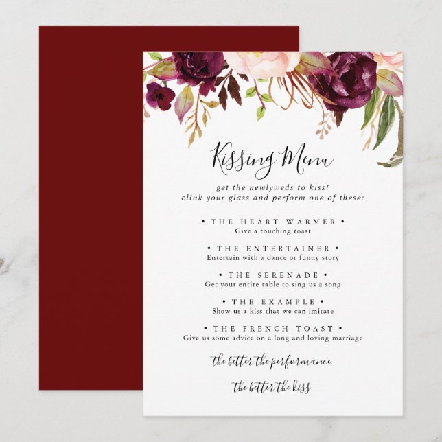 Rustic Boho Floral Wedding Kissing Menu Game Card (Front/Back)